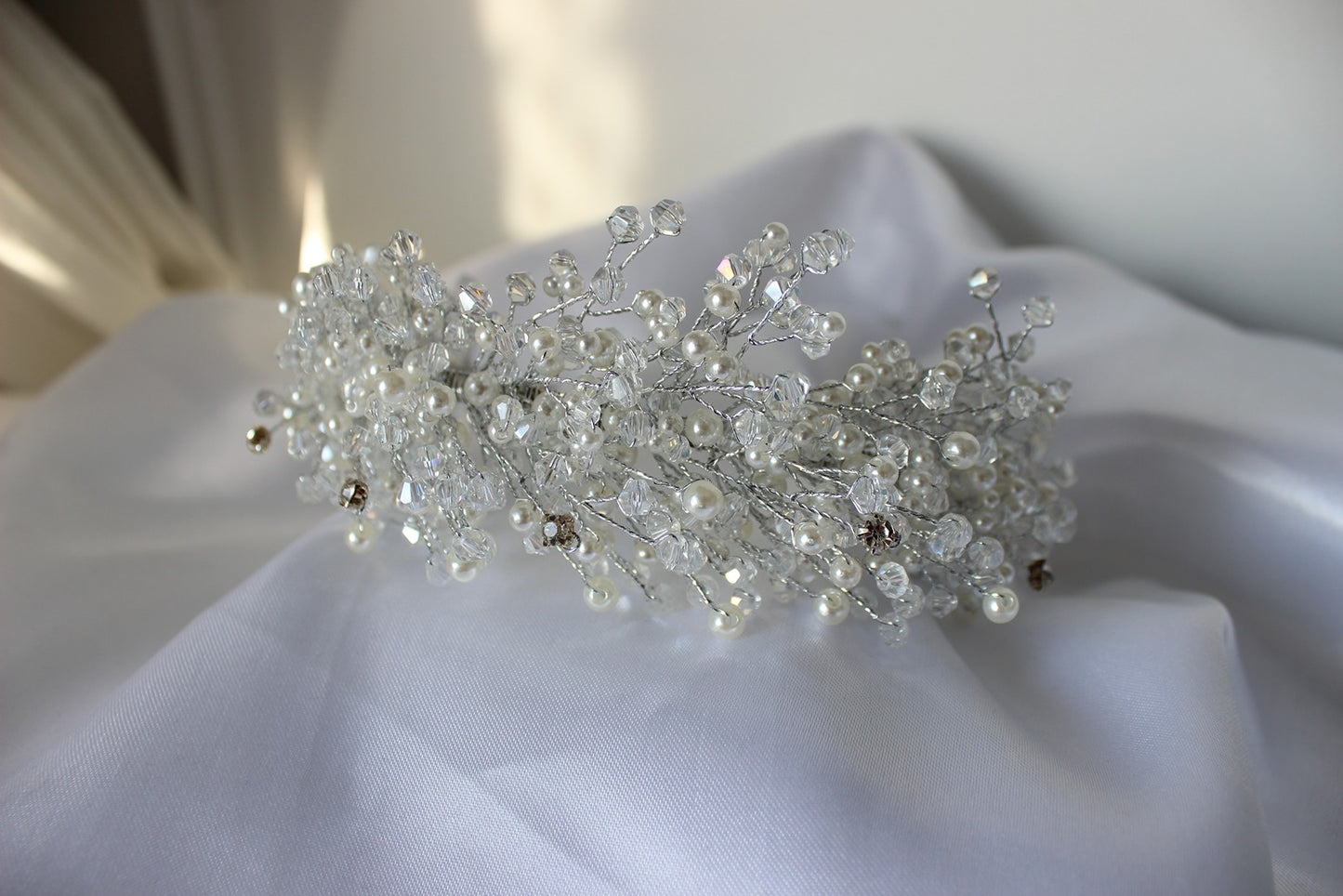 Pearl bridal headband on white background