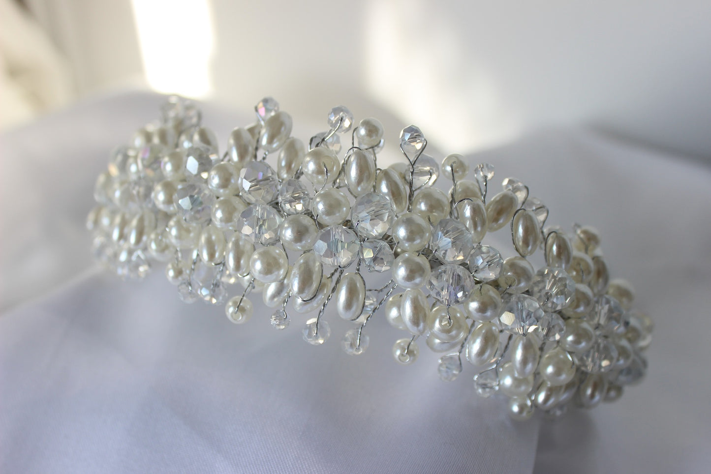 Pearl bridal headband on white background