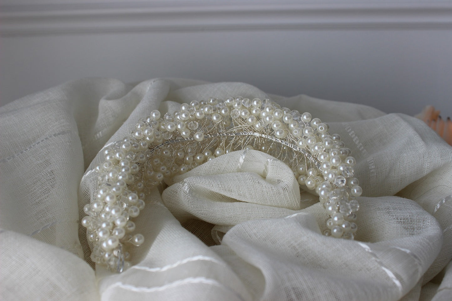 Pearl bridal headpiece on white background