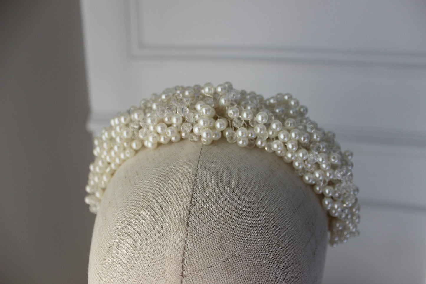 Pearl bridal headpiece on mannequin