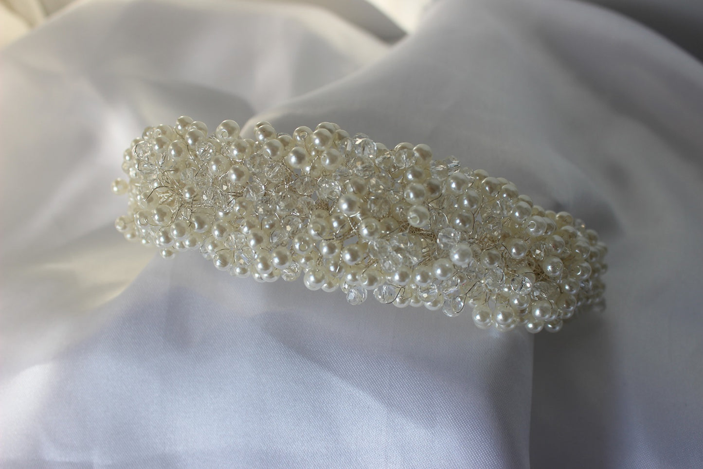 Pearl bridal headpiece on white background