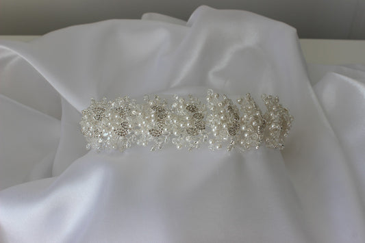 Pearl Silver bridal headpiece on white background