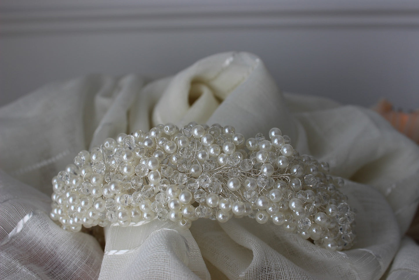Pearl bridal headpiece on white background