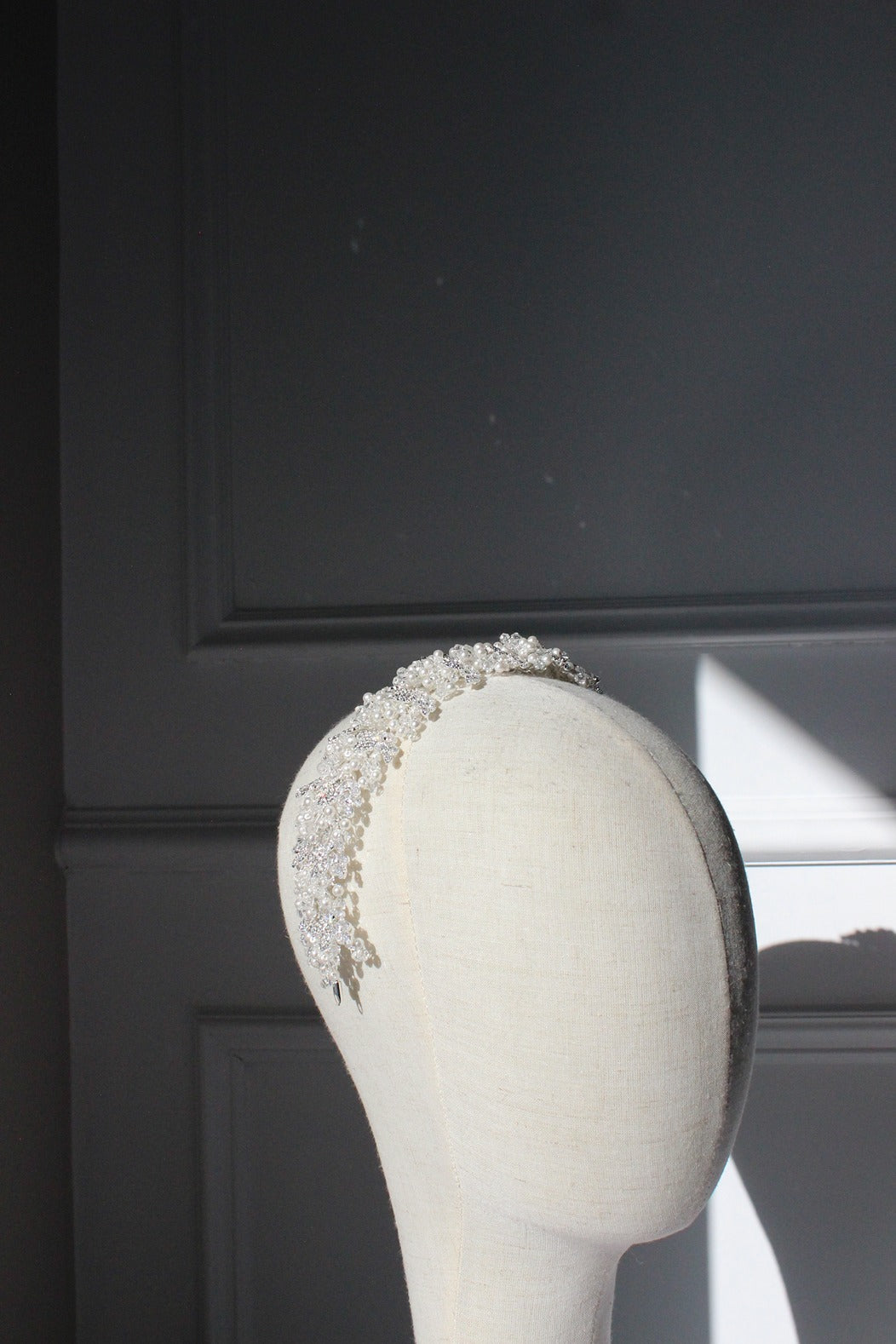 Pearl Silver bridal headpiece on mannequin