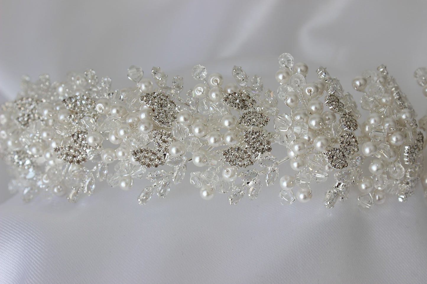 Pearl Silver bridal headpiece on white background