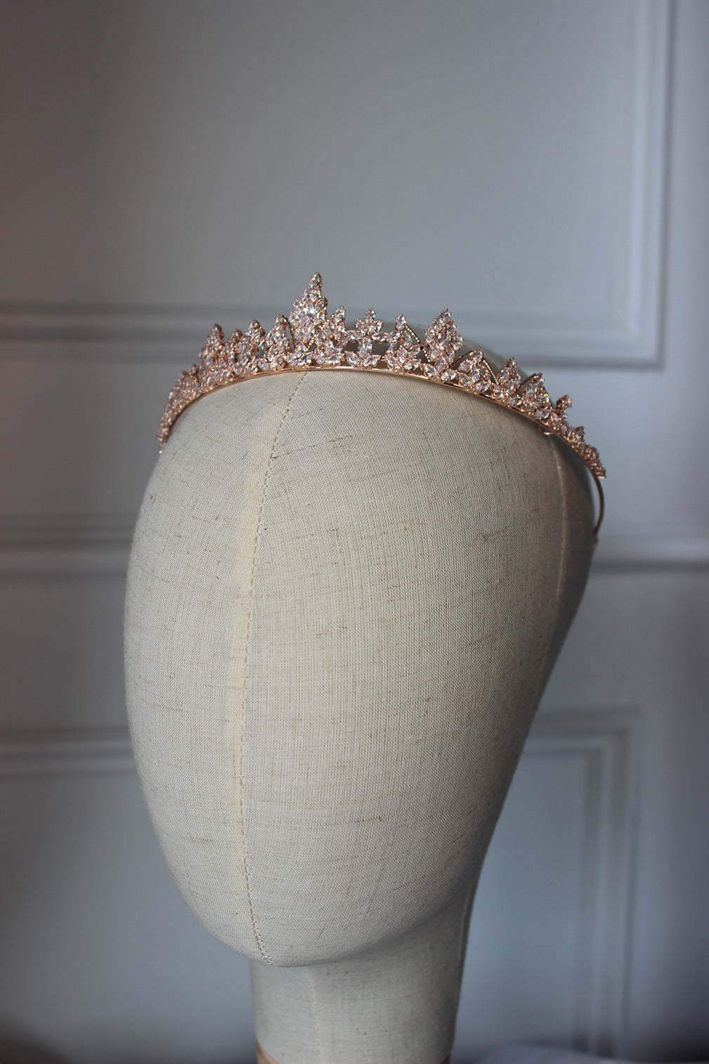 Rose gold bridal tiara on mannequin
