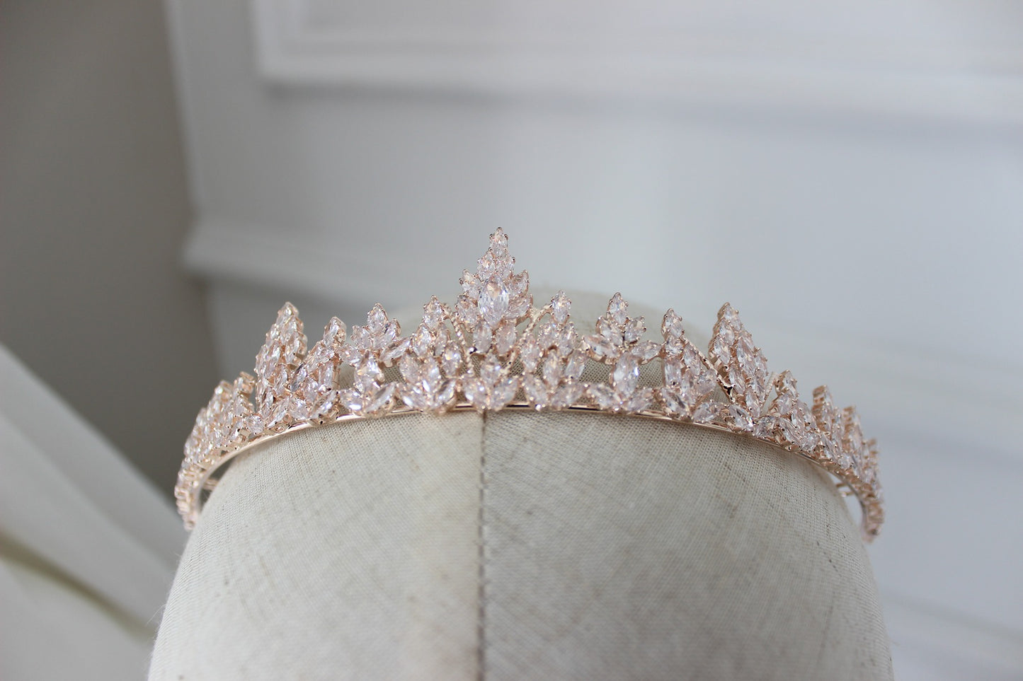 Rose gold bridal tiara on mannequin
