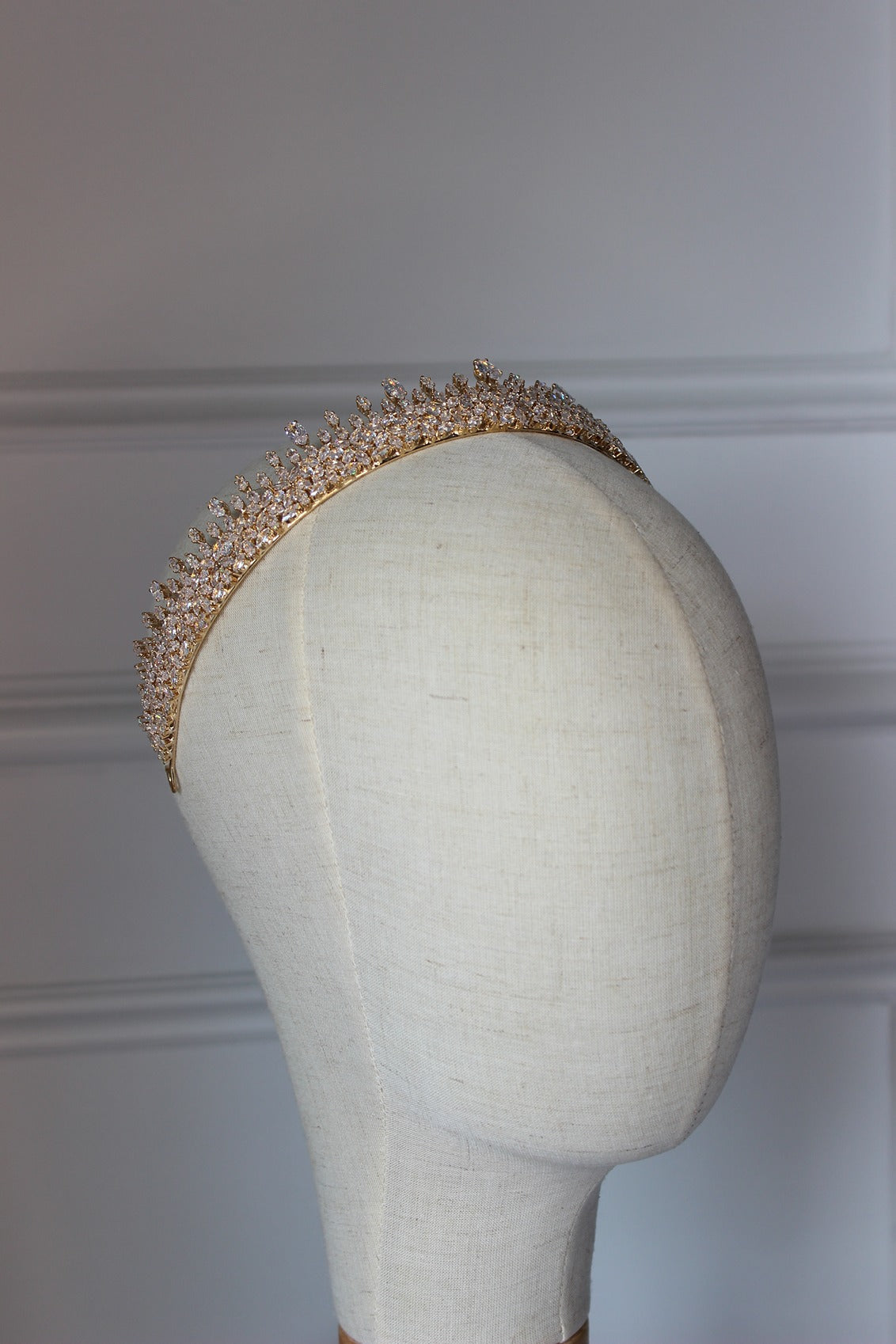 Rose gold bridal crown on mannequin