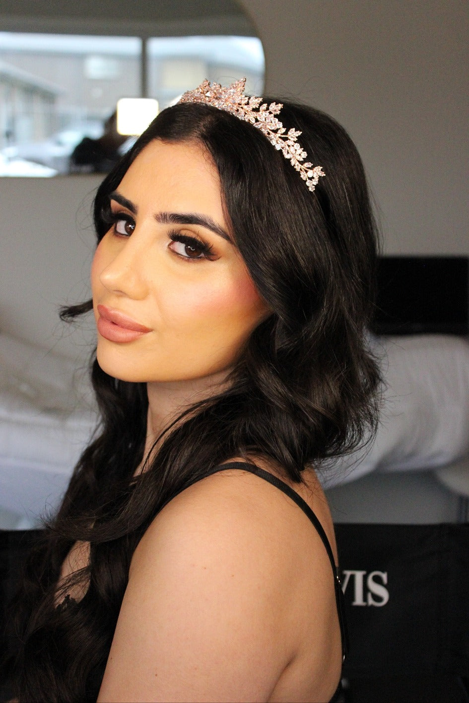 Rose gold bridal tiara on model