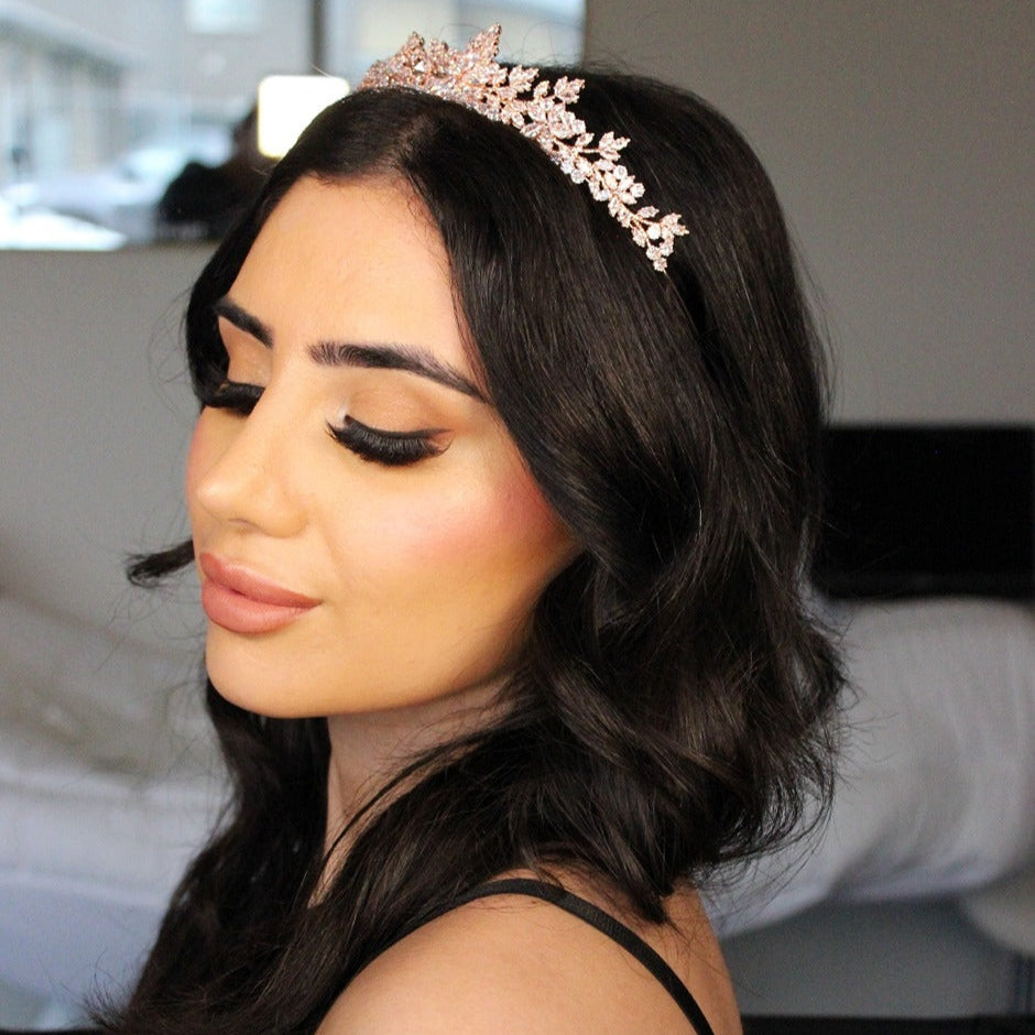 Rose gold bridal tiara on model