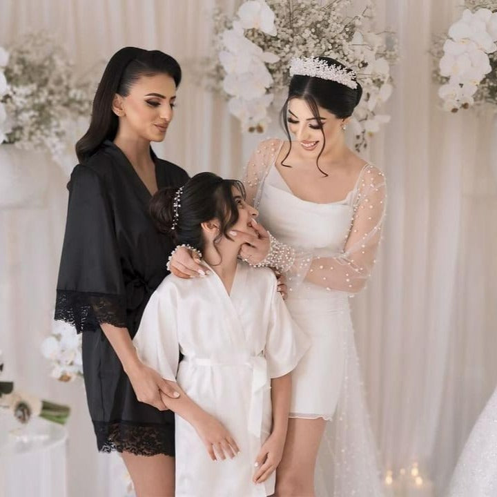 Bride wearing pearl silver bridal crown