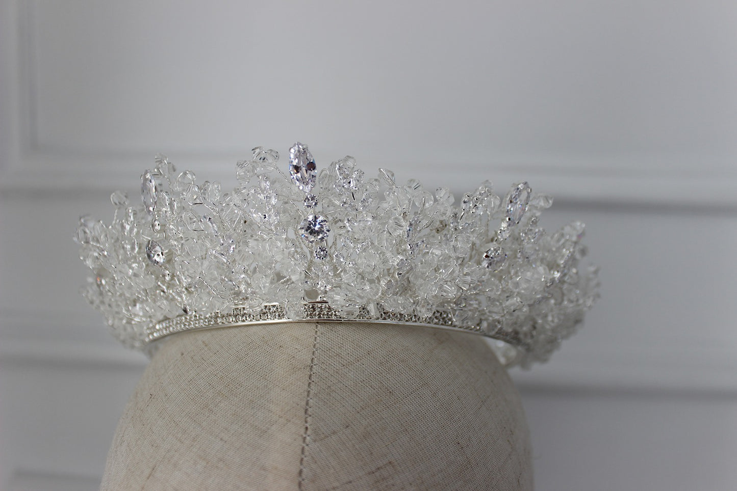 Silver bridal crown on mannequin