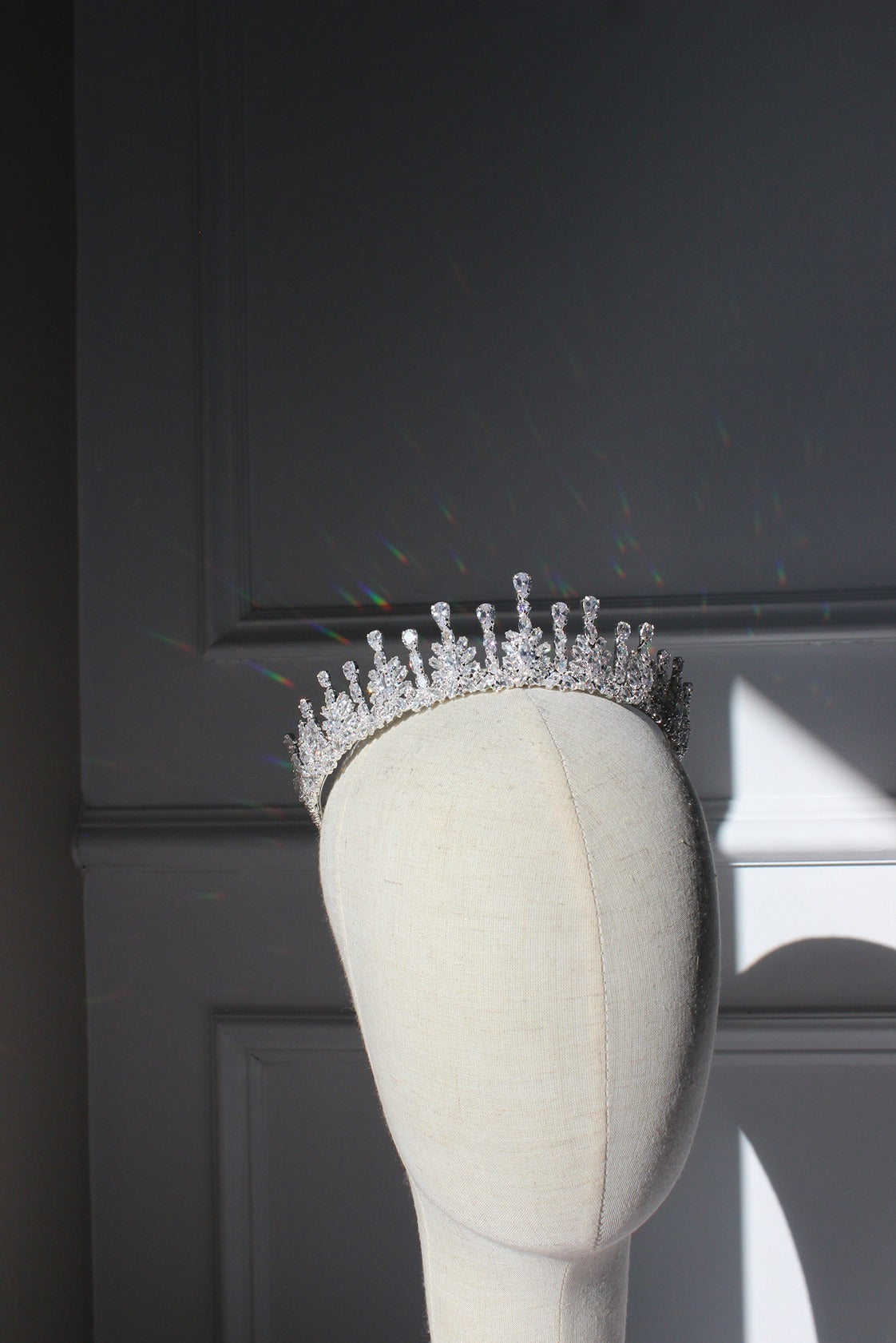 Silver bridal crown on mannequin