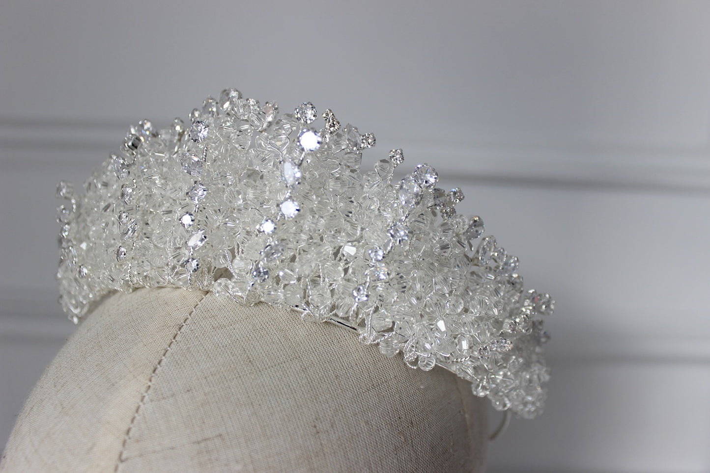 Silver bridal crown on mannequin