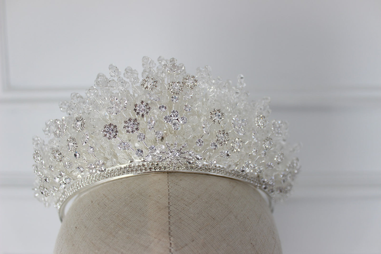 Silver bridal crown on mannequin