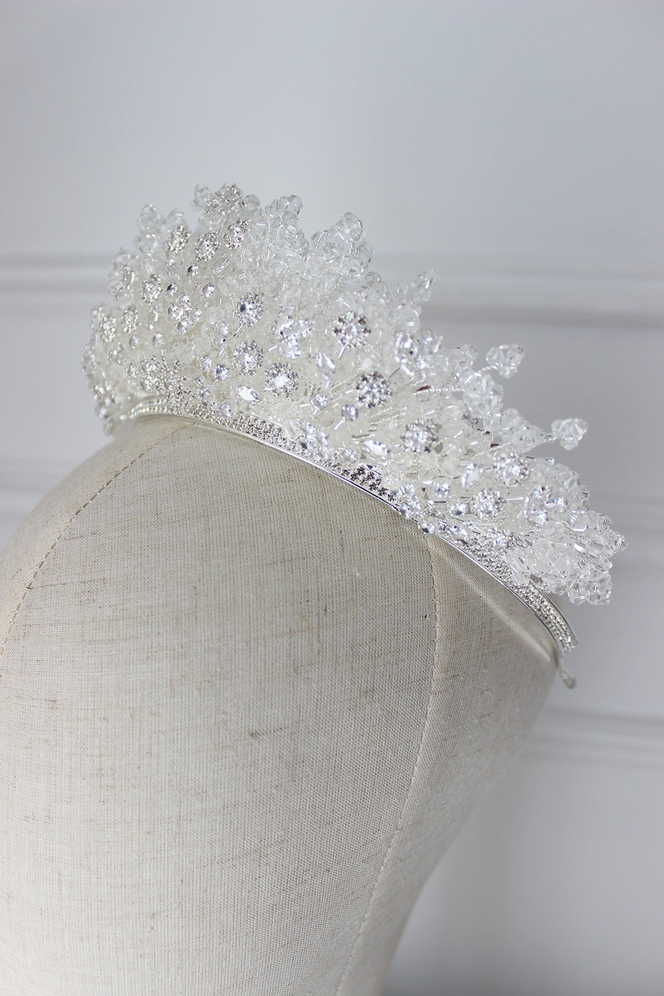 Silver bridal crown on mannequin