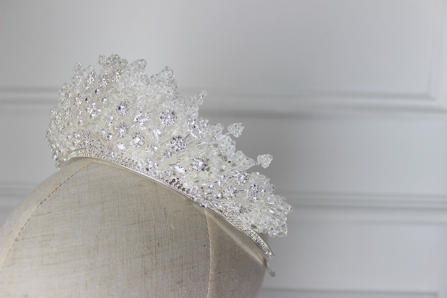 Silver bridal crown on mannequin