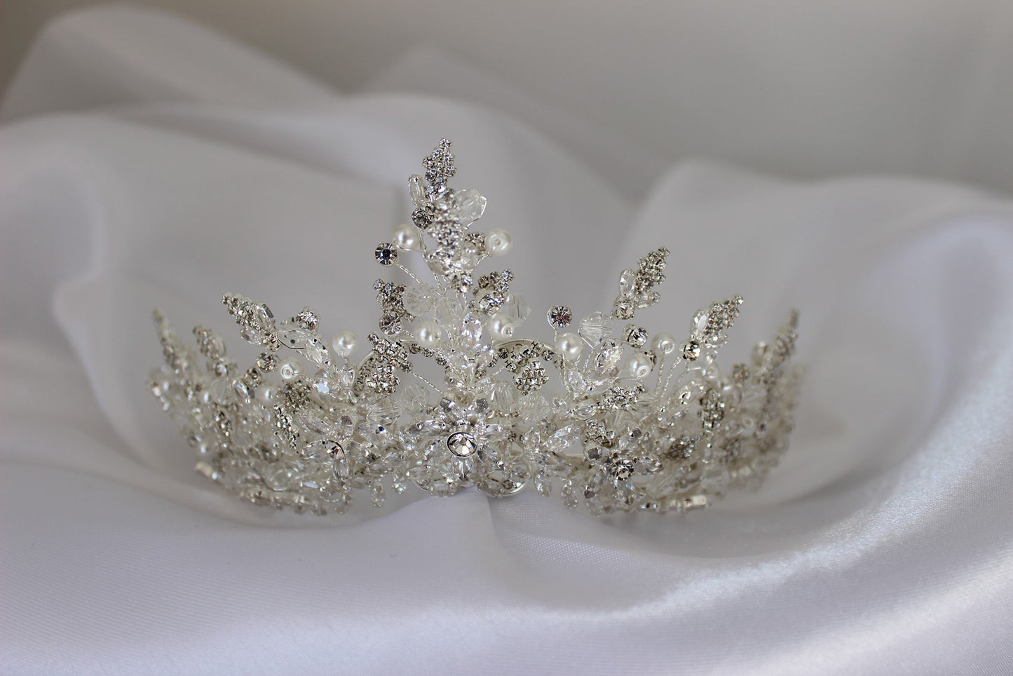 Silver bridal crown on white background