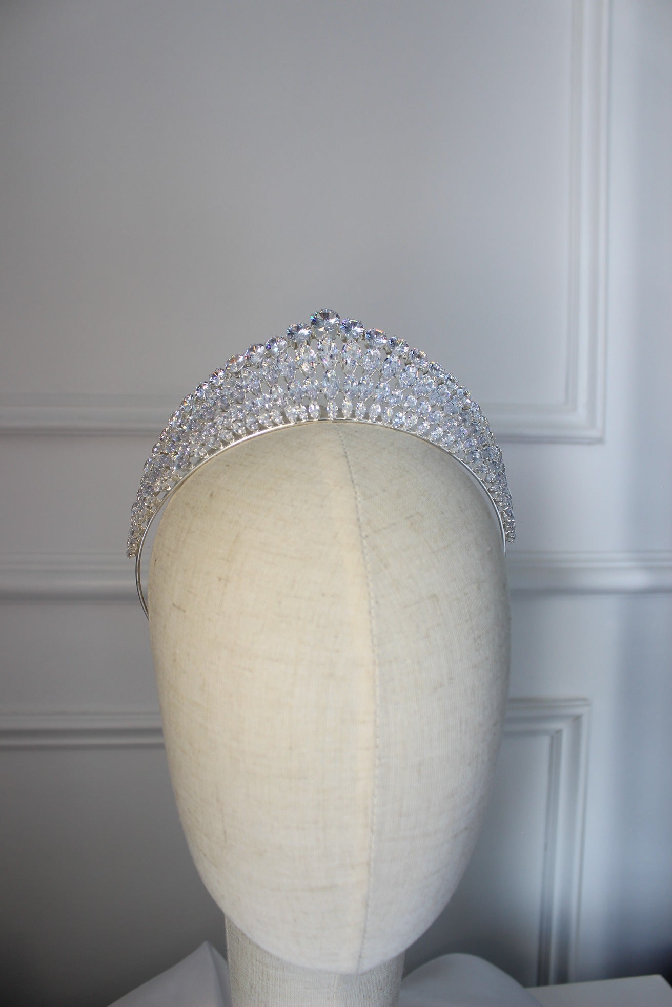 Silver bridal crown on mannequin