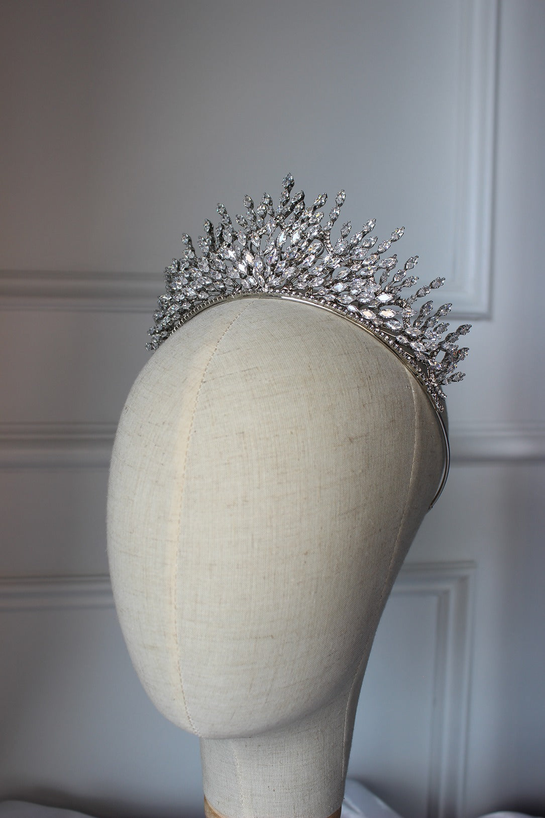 Silver bridal crown on mannequin
