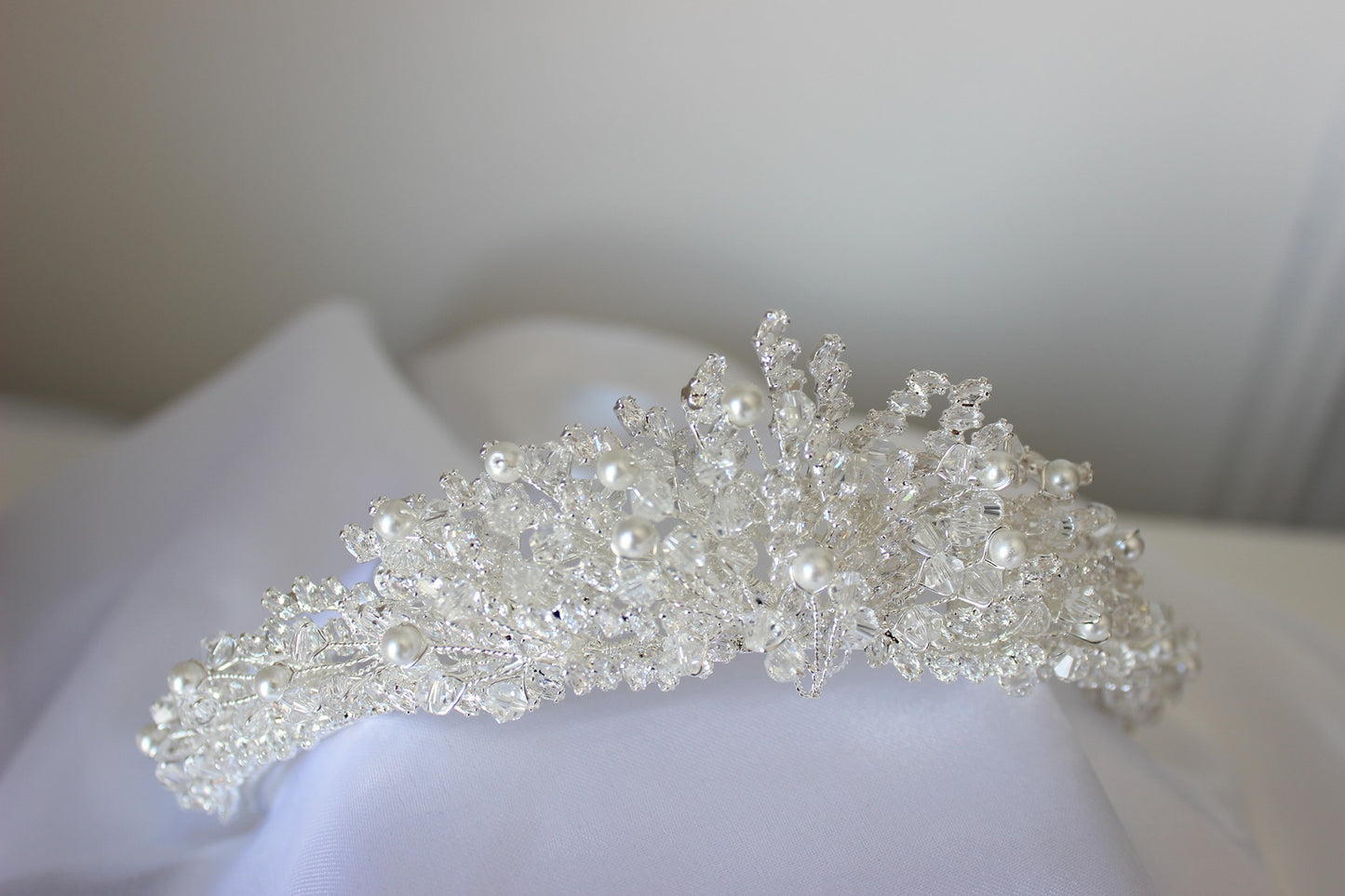 Silver bridal crown on white background