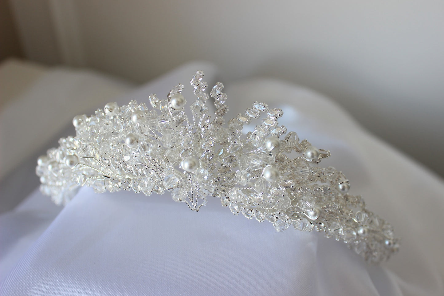 Silver bridal crown on white background