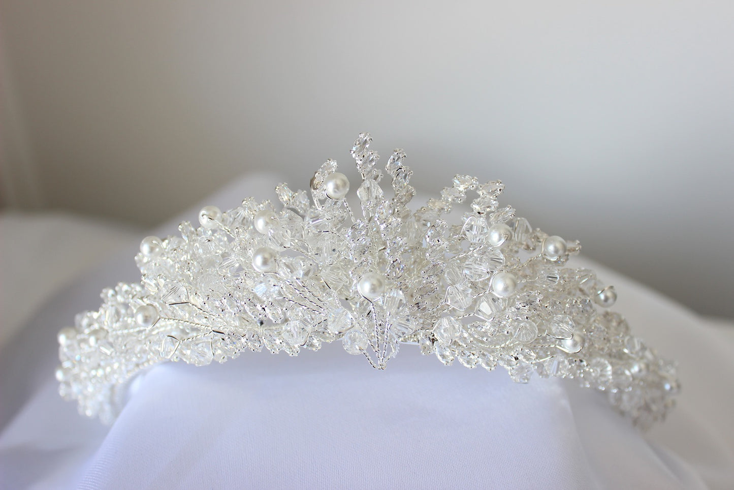 Silver bridal crown on white background