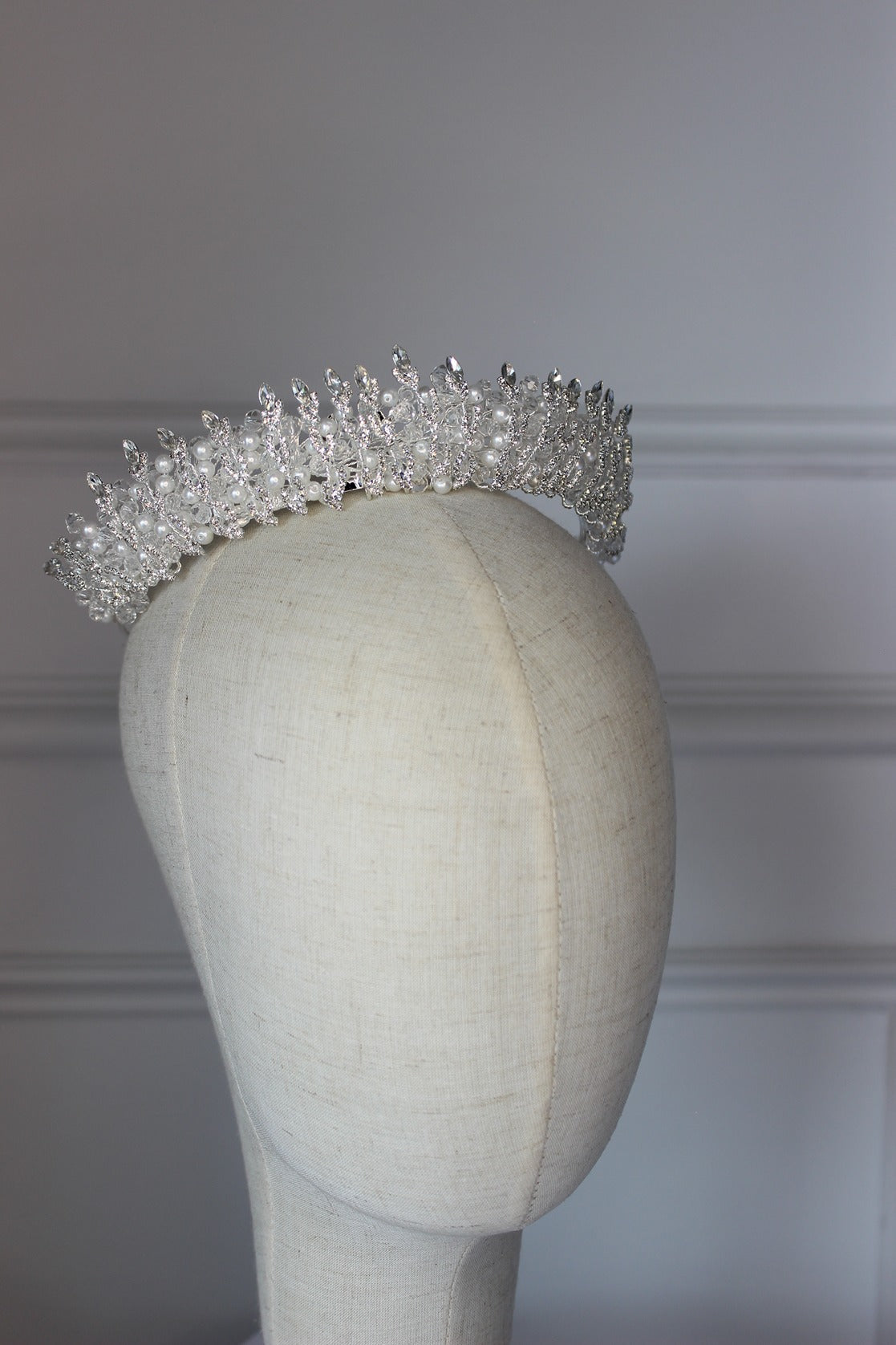 silver bridal crown with white pearls