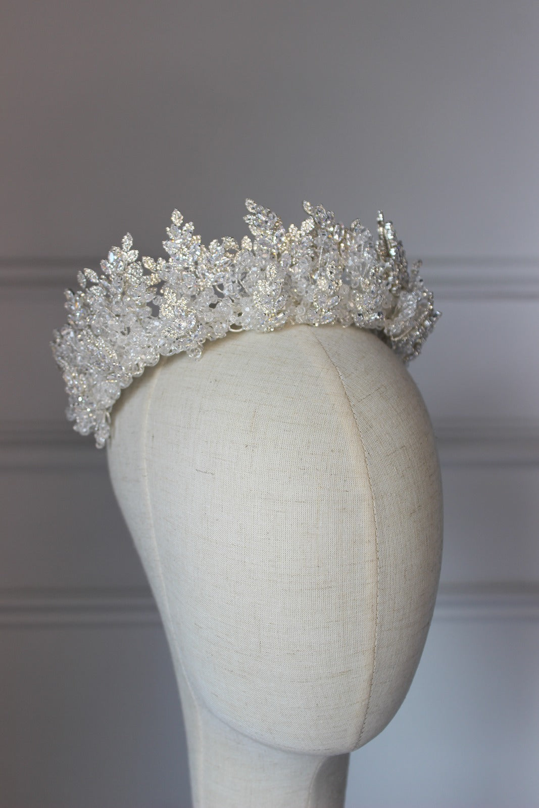 Silver bridal crown on mannequin