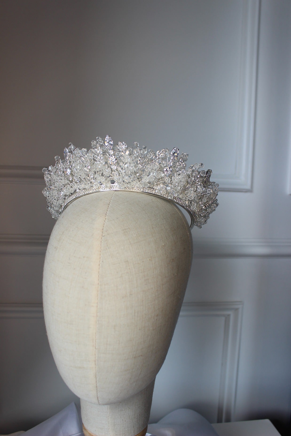 Silver bridal crown on mannequin