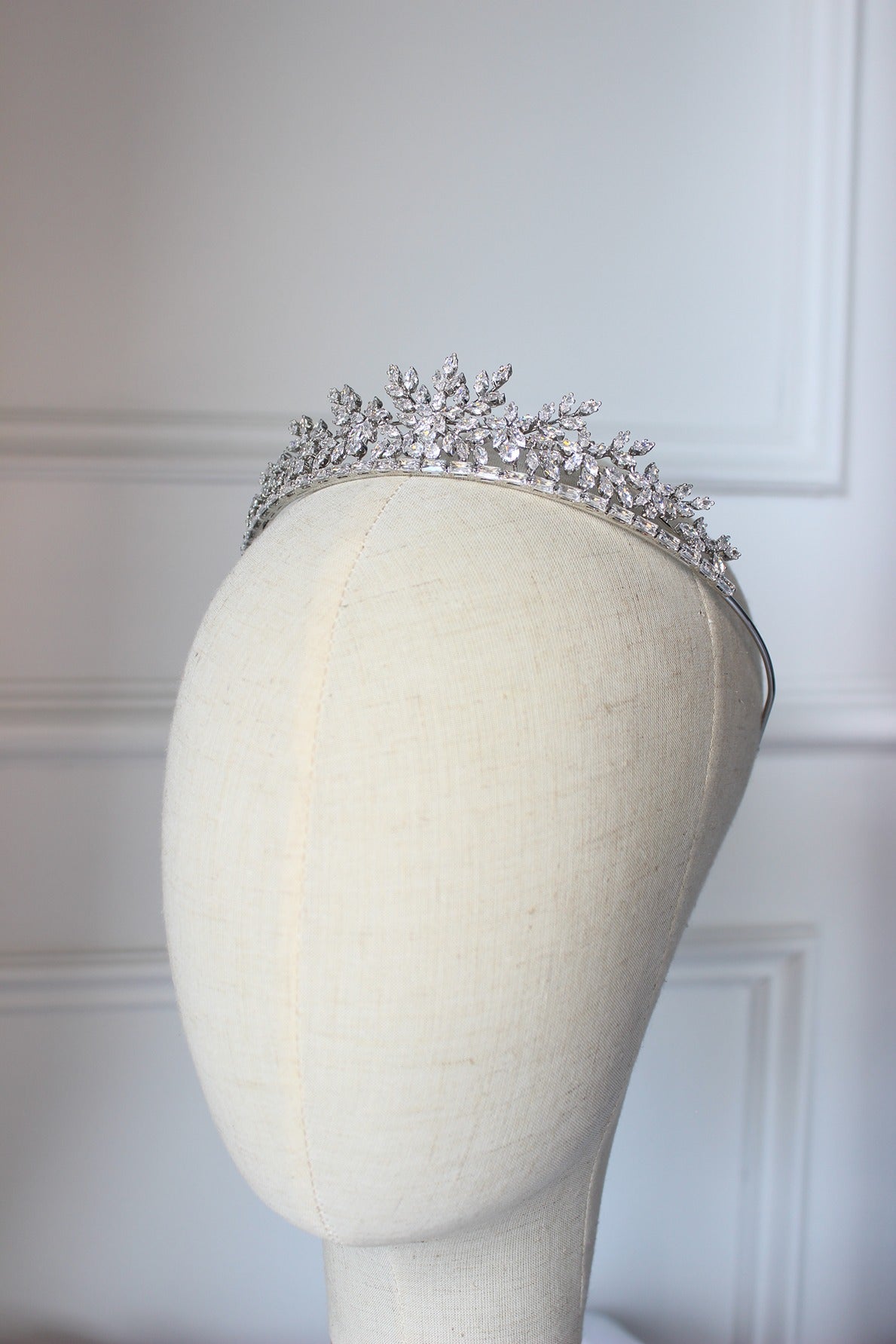 Silver bridal crown on mannequin