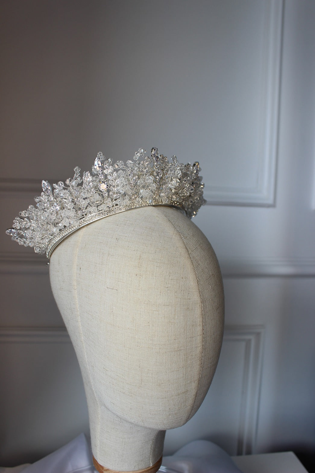 Silver bridal crown on mannequin