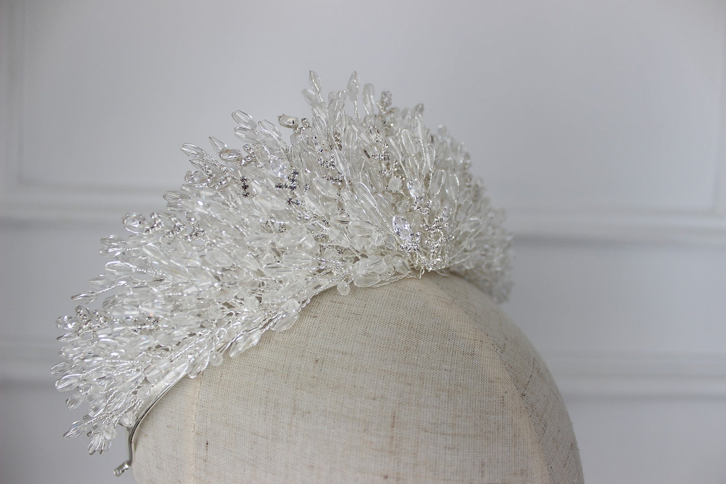 Silver bridal crown on mannequin