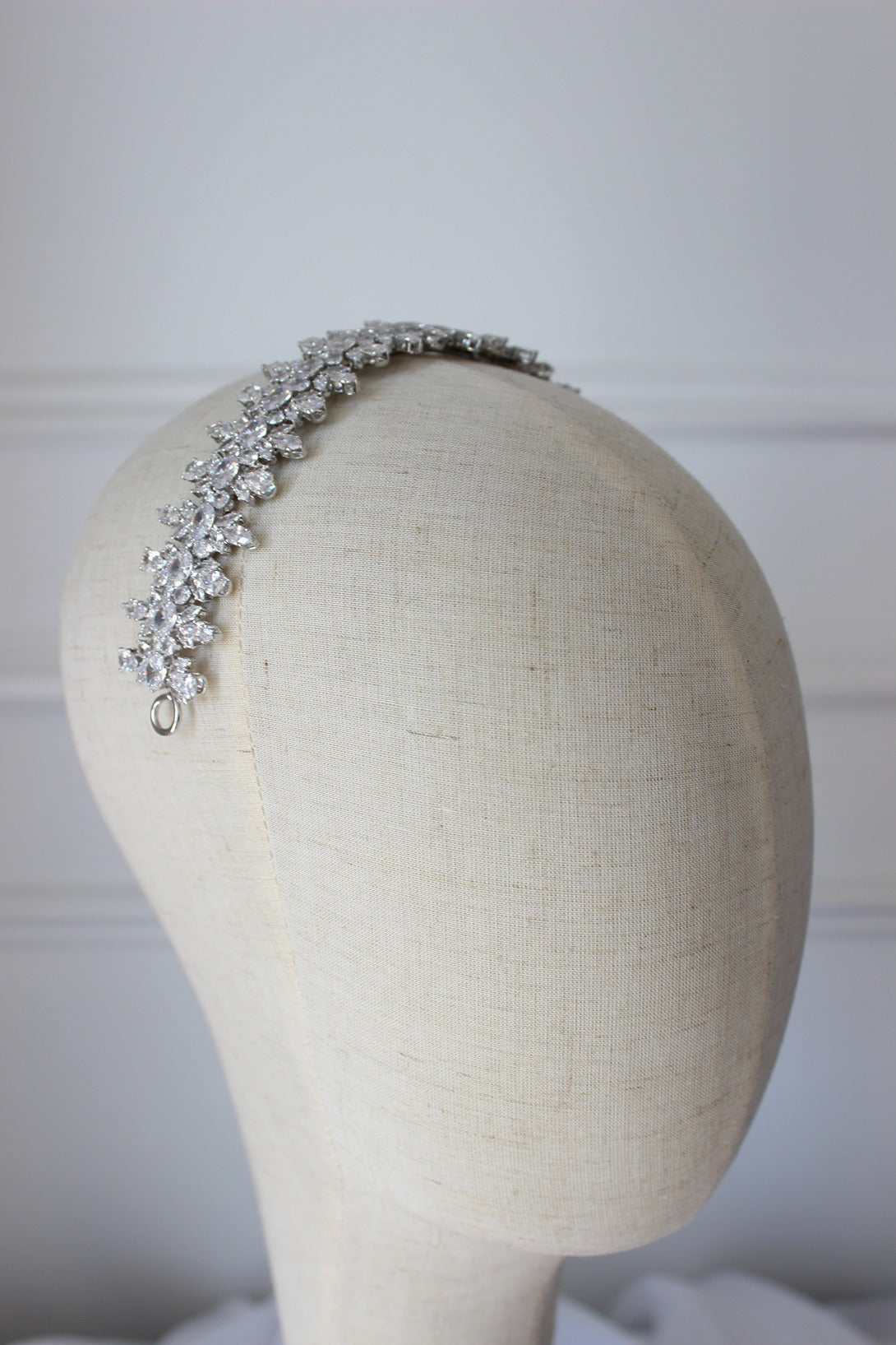 Silver bridal headband on mannequin
