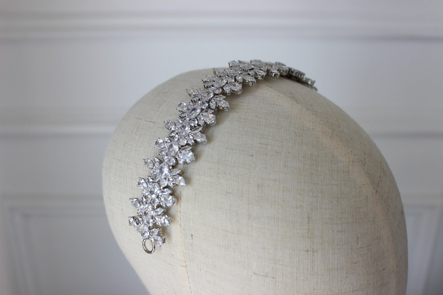 Silver bridal headband on mannequin