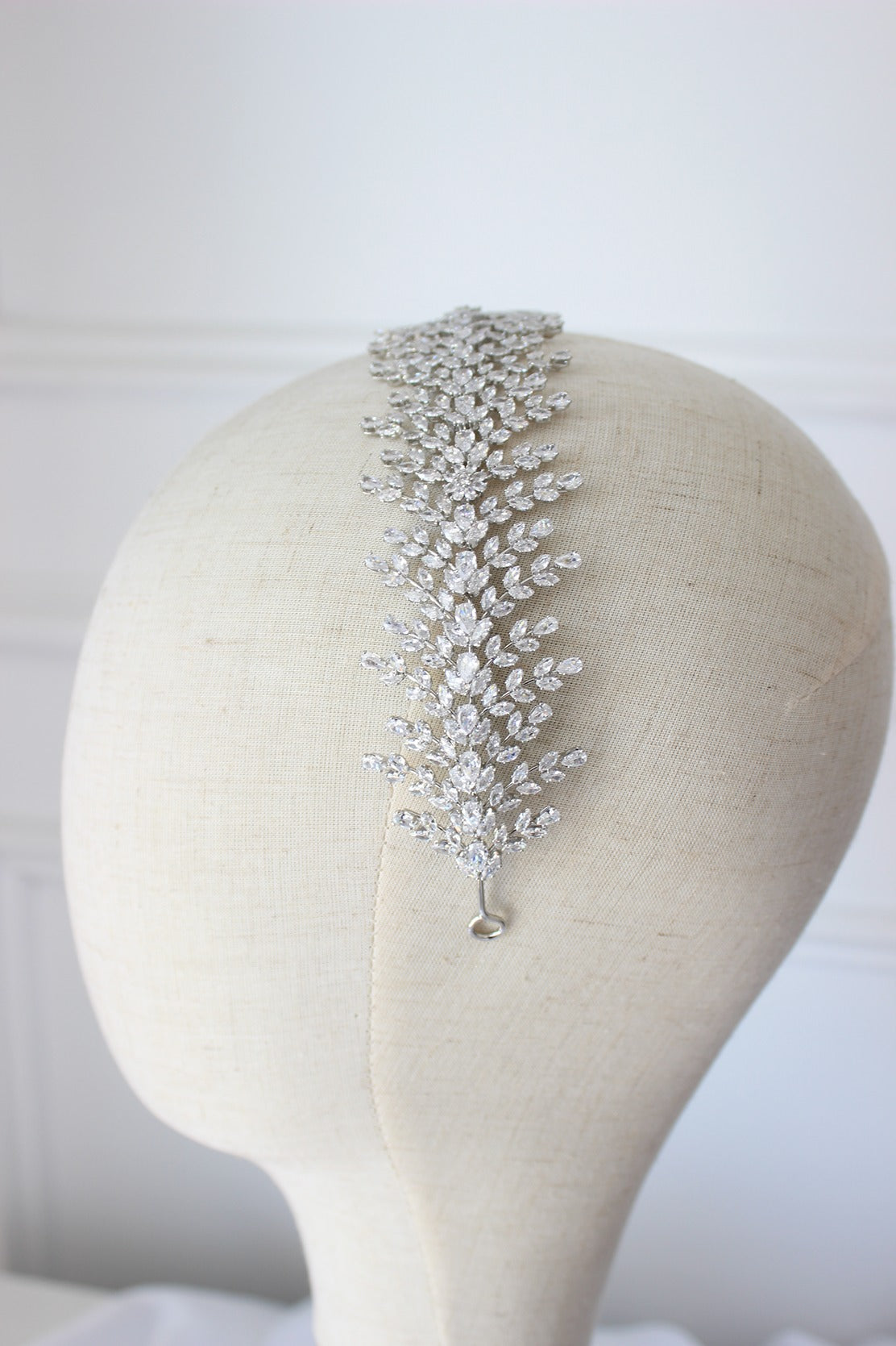 Silver bridal headband on mannequin