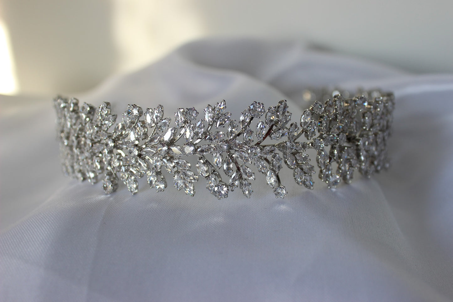 Silver bridal headband on white background