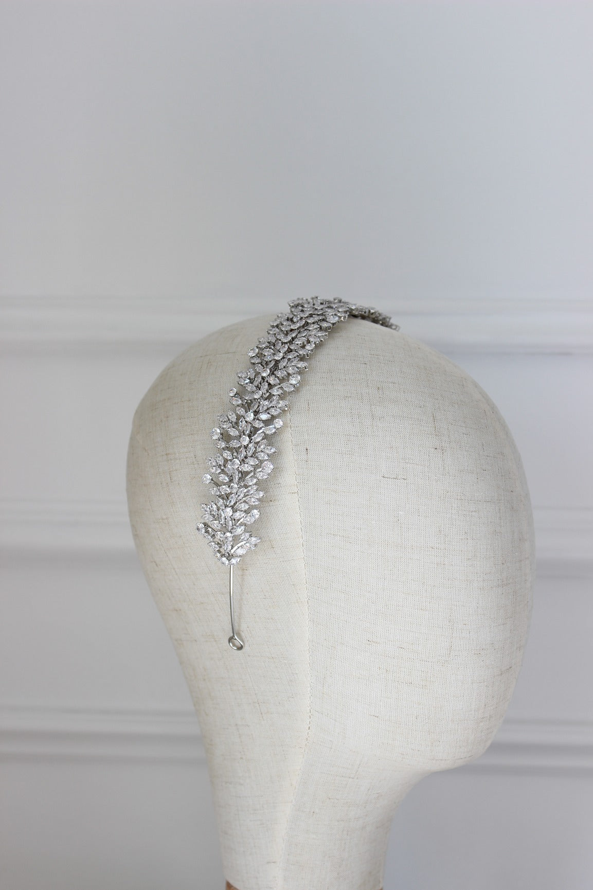 Silver bridal headband on mannequin