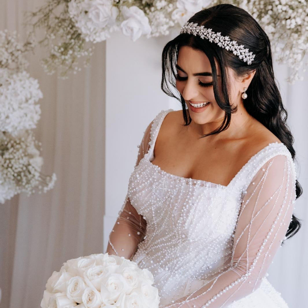 Silver bridal headband on bride