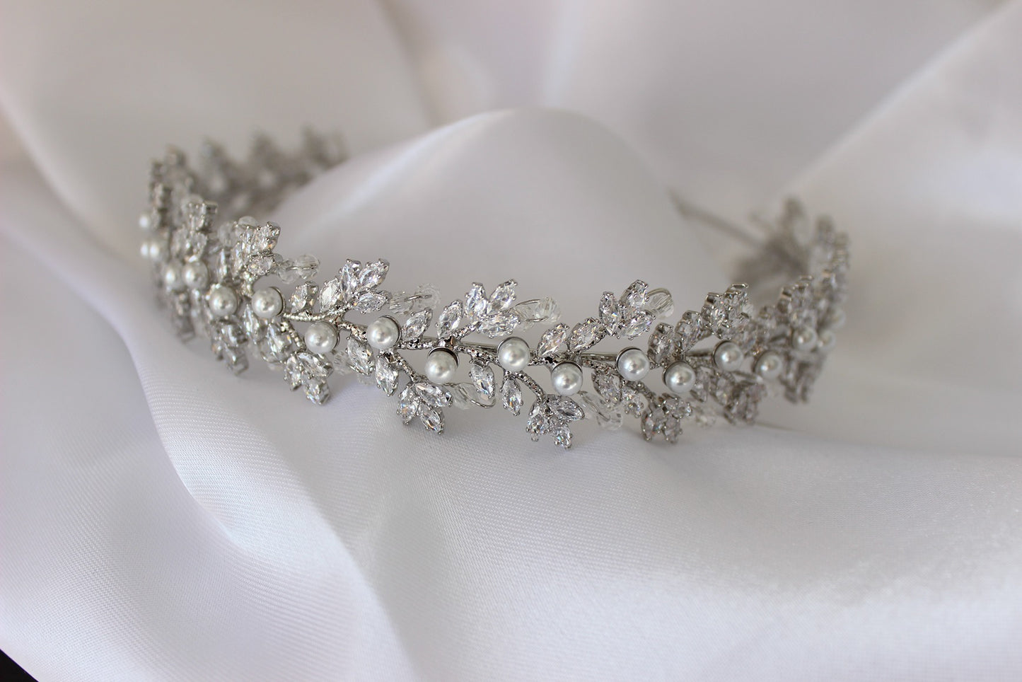 Silver bridal headband on white background