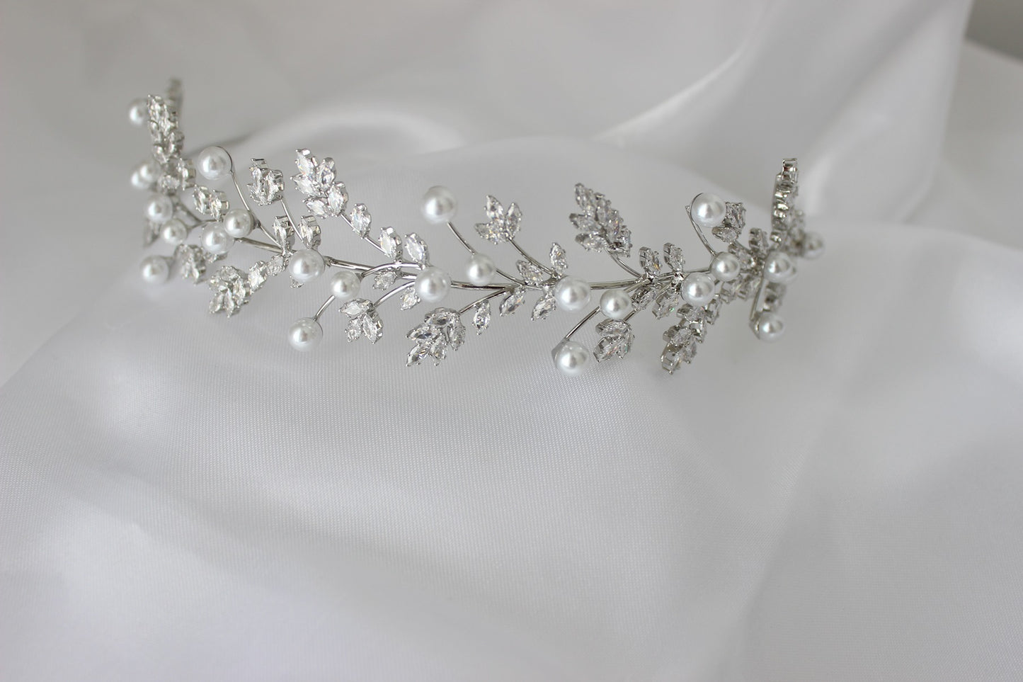 Silver bridal headband on white background