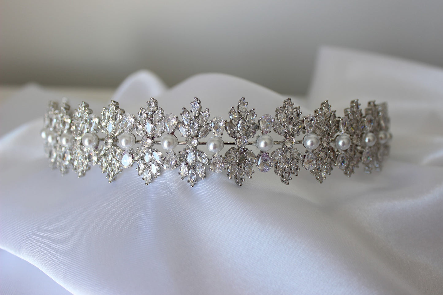 Silver bridal headband on white background