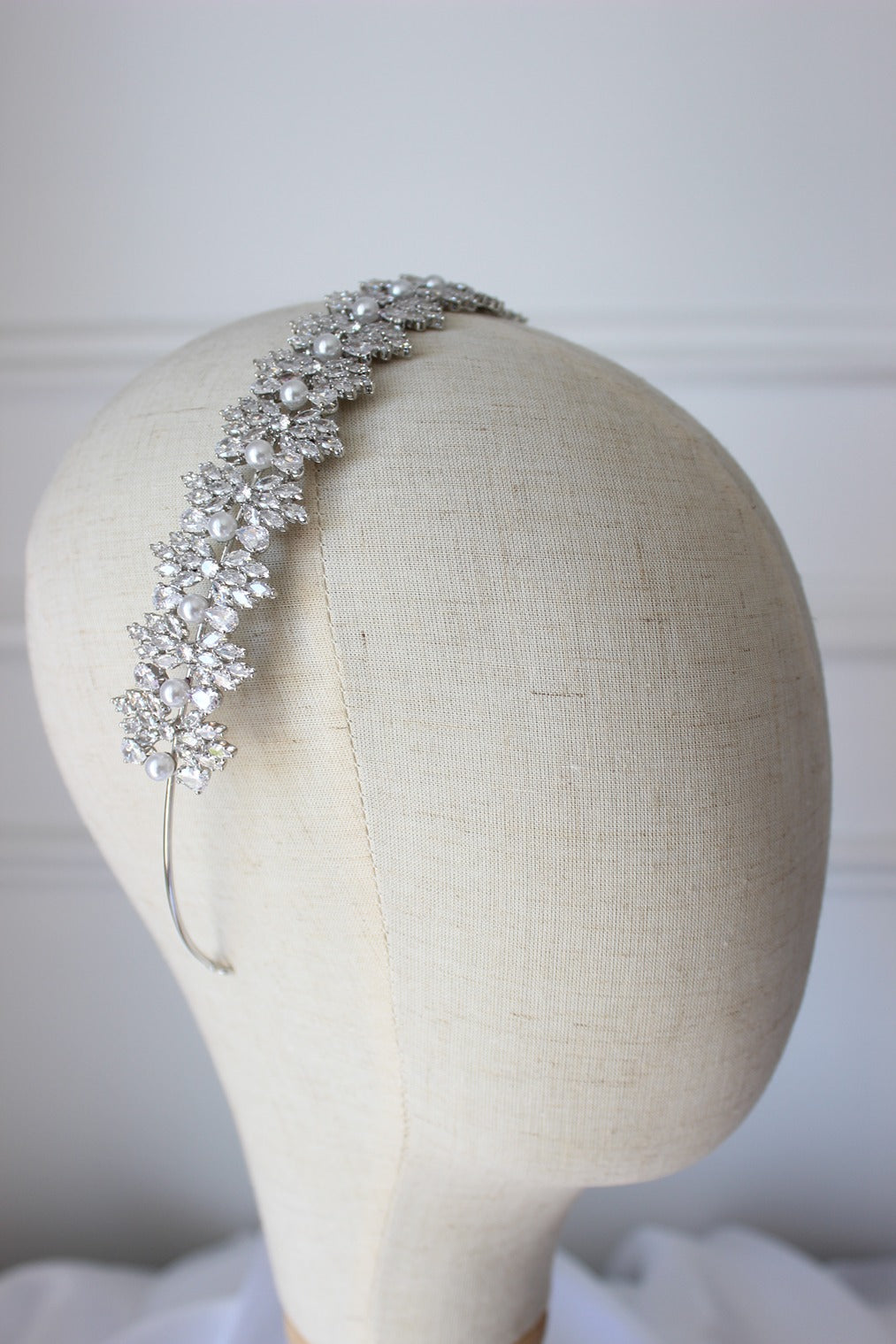Silver bridal headband on mannequin