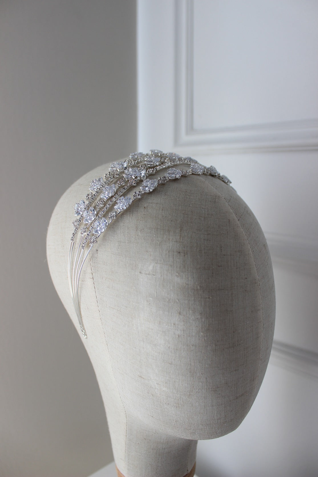 Silver bridal headband on mannequin