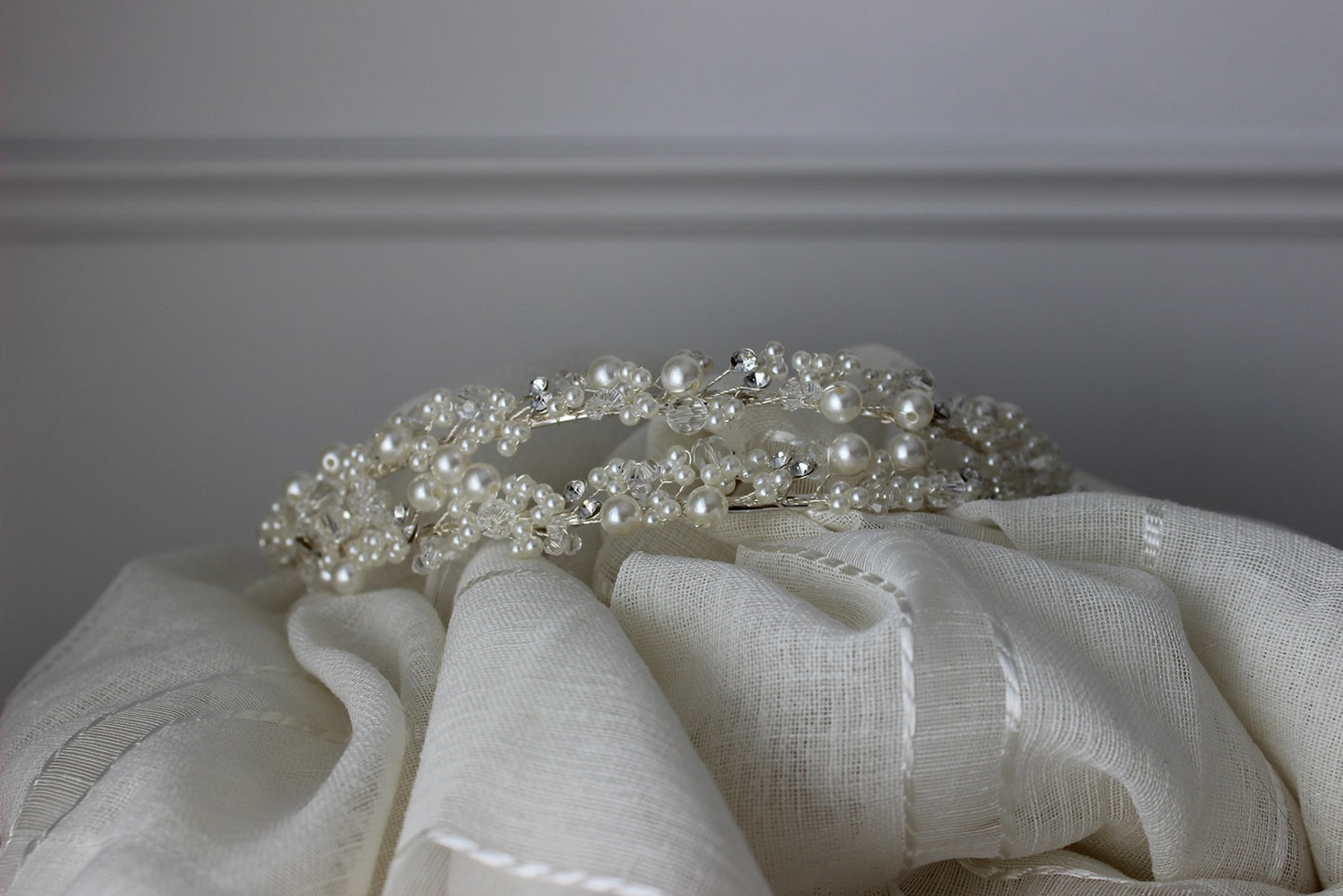 Silver bridal headband on white background