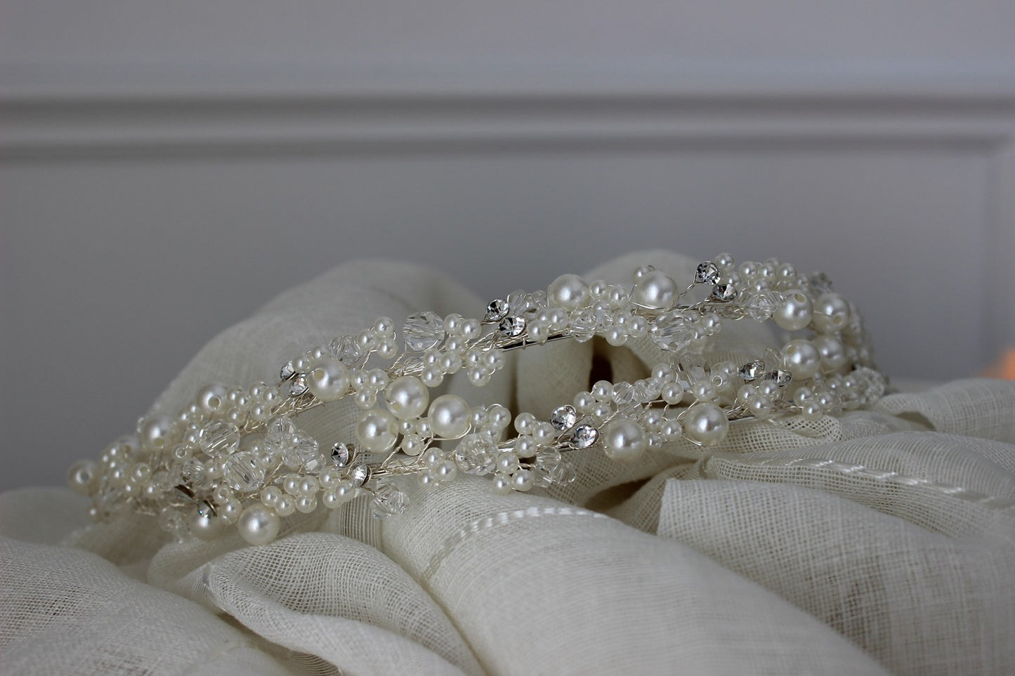 Silver bridal headband on white background