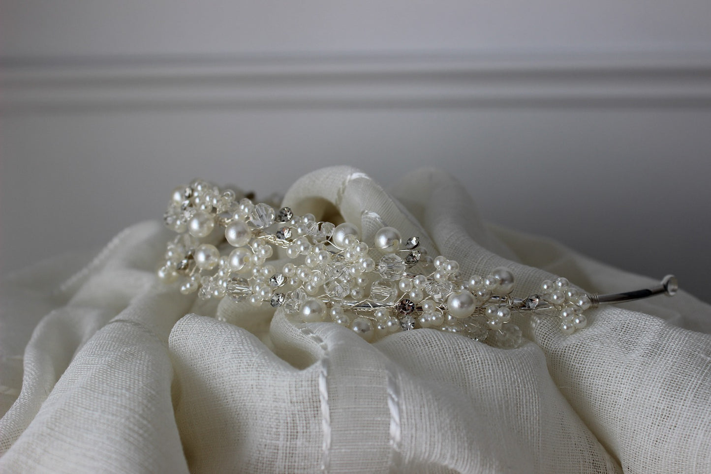 Silver bridal headband on white background