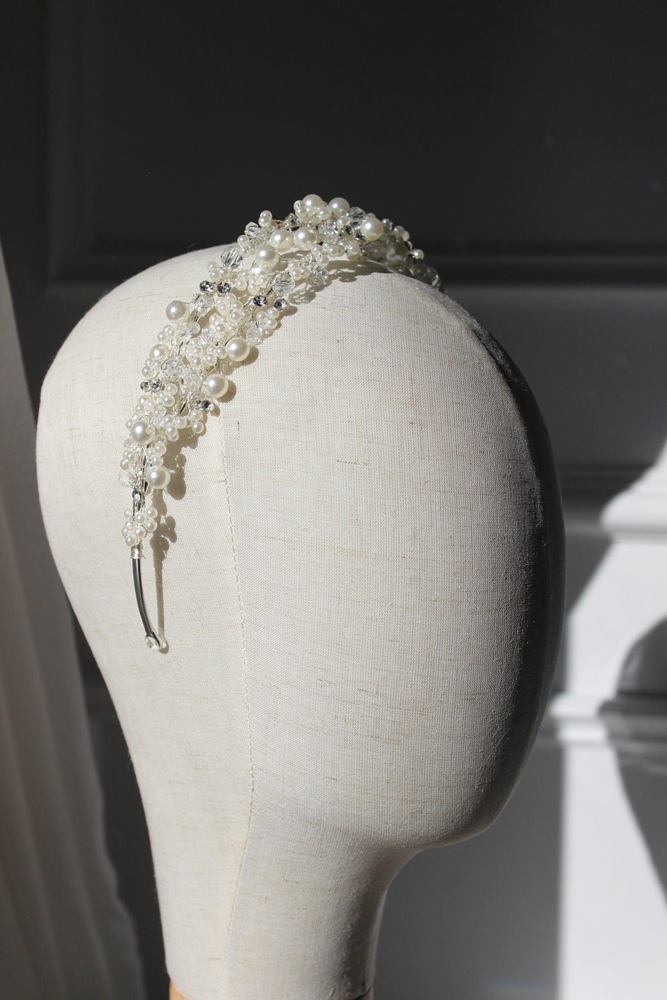 Silver bridal headband on mannequin