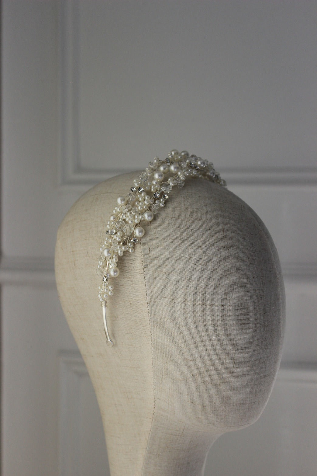 Silver bridal headband on mannequin