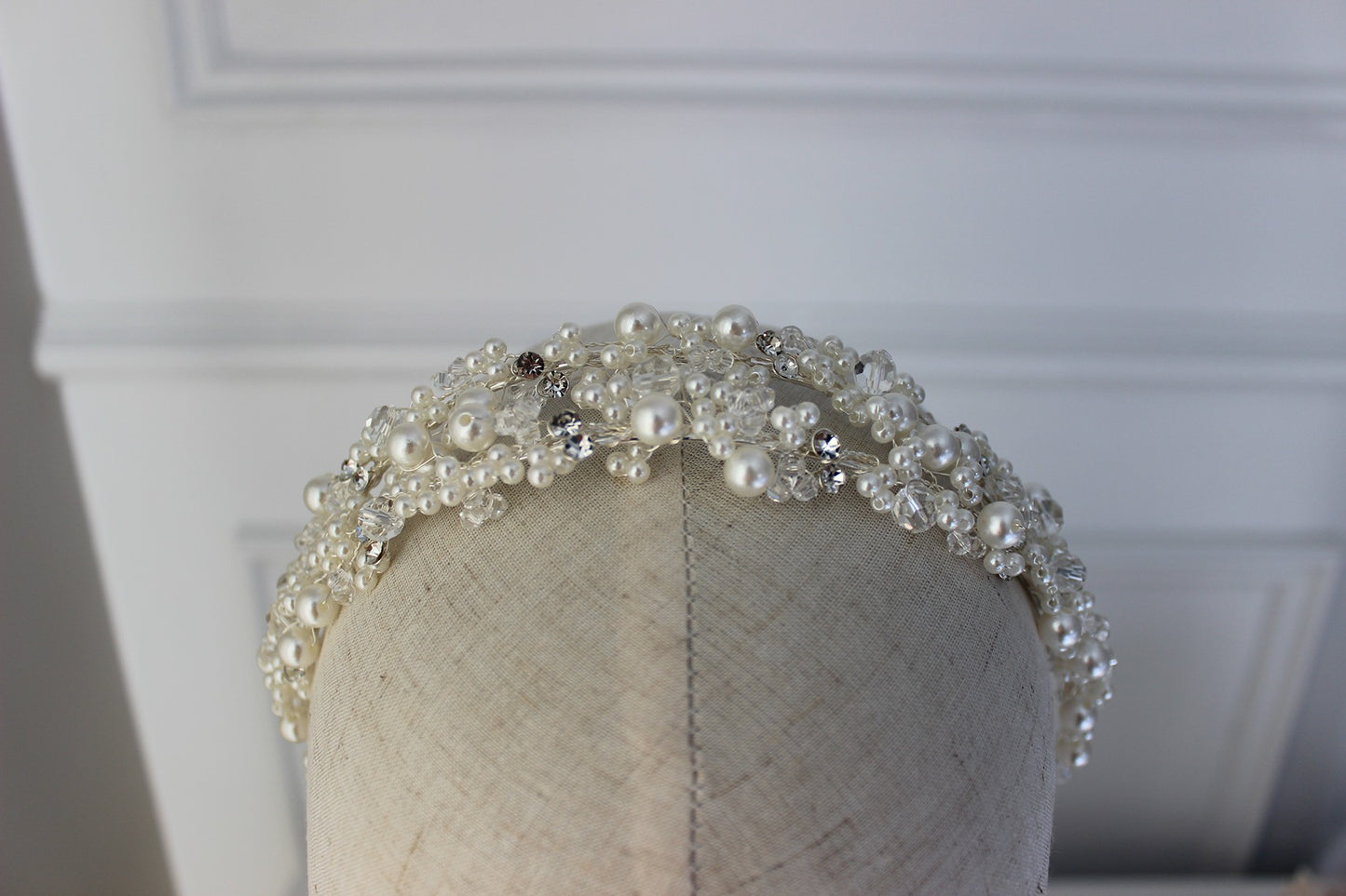 Silver bridal headband on mannequin